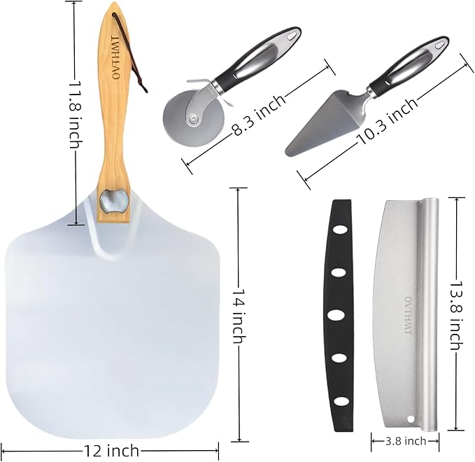 Pizza Oven Accessories 4 PCS, Pizza Kit, Aluminum Pizza Paddle with Foldable Wood Handle, Pizza Cutter, Rocker Blade, Cutter Wheel, Pizza Server, Pizza Peel Set, Pizza Tools