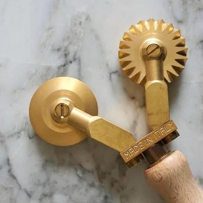La Gondola Homemade Pasta Cutter - Double Wheel (Festooned & Smooth) | Pasta Making Tool for Home and Business | Brass & Natural Wood | Easy to Use Pasta Cutting Tool | Ravioli Cutter Made in Italy