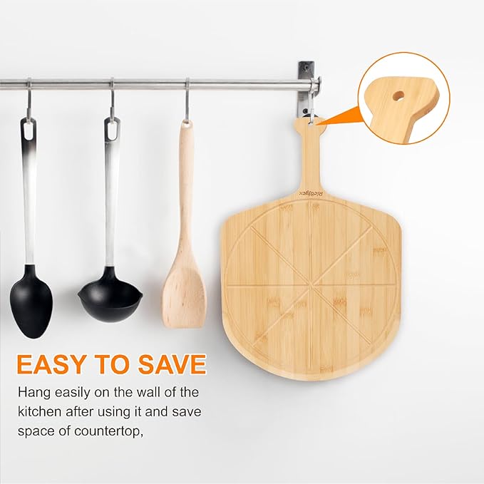 12 inch Natural Bamboo Pizza Peel Set of 2, Double-Sided Use Pizza Cutting Board with 8 Slice Grooves for Pizza, Bread, Cheese, Vegetable, Fruits