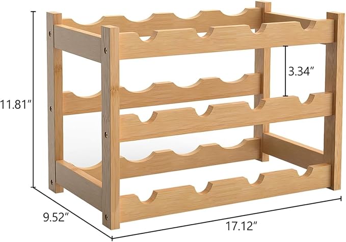 3 Tier Bamboo Wine Rack for Countertop, 12 Bottles Wine Storage Shelf for Kitchen Pantry Cabinet
