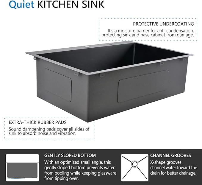 33 Inch Drop In Black Kitchen Sink, Doirteal 33 x 22 x 10 Inch 16 Gauge Stainless Steel Single Bowl Kitchen Sinks Topmount Kitchen Sink Single Basin With Bottom Grid