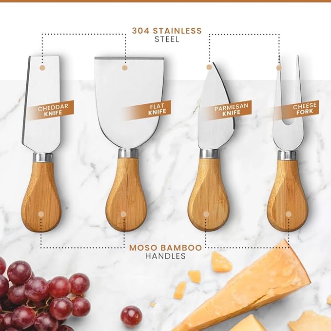 Leaf & Grain Charcuterie Board Set with Accessories Drawer - Real Bamboo Cheese Board & Stainless Steel Knife Set, Large Meat & Cheese Platter for Parties & Gifts - Natural