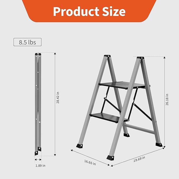 2 Step Aluminum Ladder, 800 lbs Capacity, Folding Step Stool for Adults, Anti-Slip Sturdy and Wide Pedal, Lightweight and Portable Stepladder for Home,Office, Grey