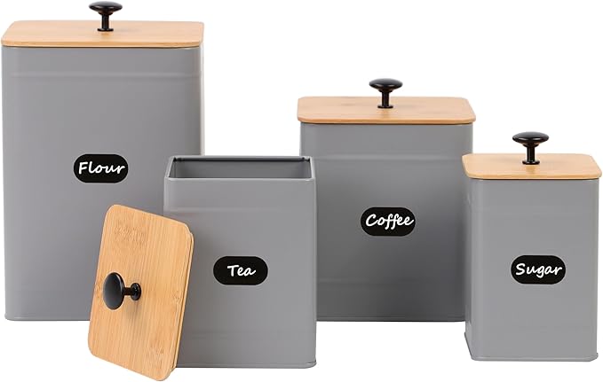 PERFNIQUE Kitchen Canisters, Airtight Canister Sets for Kitchen Counter, Kitchen Canisters for Countertop Set of 4, Coffee Tea Sugar Flour Spice Tin Jars Food Storage Container with Lid(Grey)