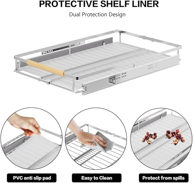 Pull Out Cabinet Shelf, Slide Out Cabinet Organizer Heavy Duty Under Sink, Anti Rust Kitchen Organizer Basket, Smooth Roll Expandable Sliding Drawer, 2 Pack Chrome 15.9''-26.2''