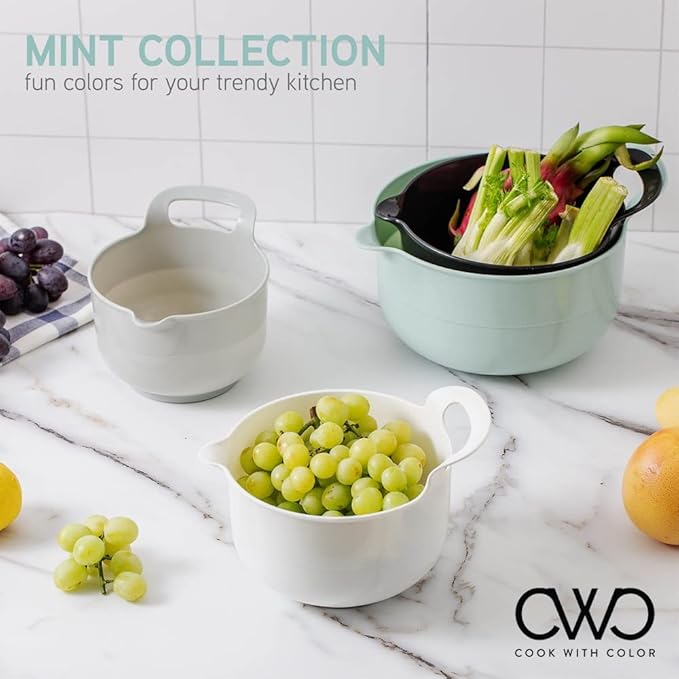 COOK WITH COLOR Nesting Plastic Mixing Bowl Set with Pour Spouts and Handles, Mint, Black and White, 4 Piece
