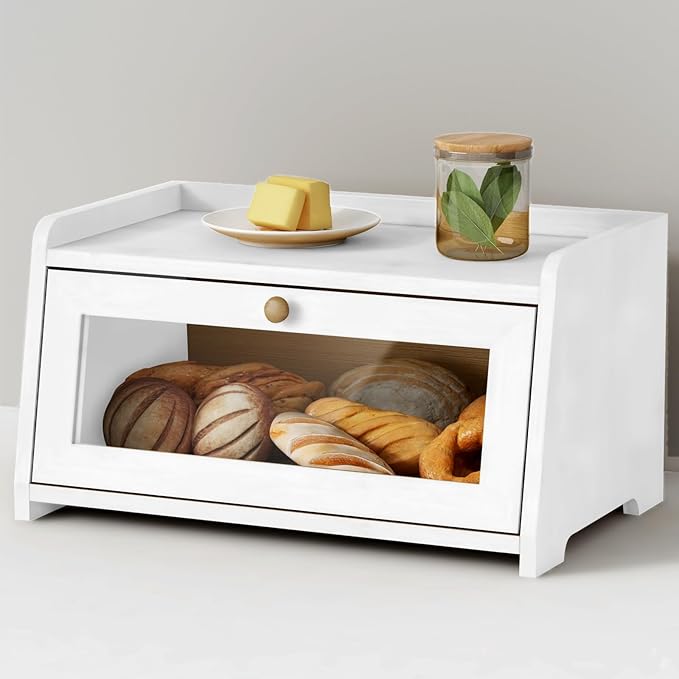 White Bread Box for Kitchen Countertop, Modern Counter Breadbox for Homemade Bread, Large Corner Bread Storage Container for Sourdough Loaf Organizers and Storage (White Bamboo Wood)