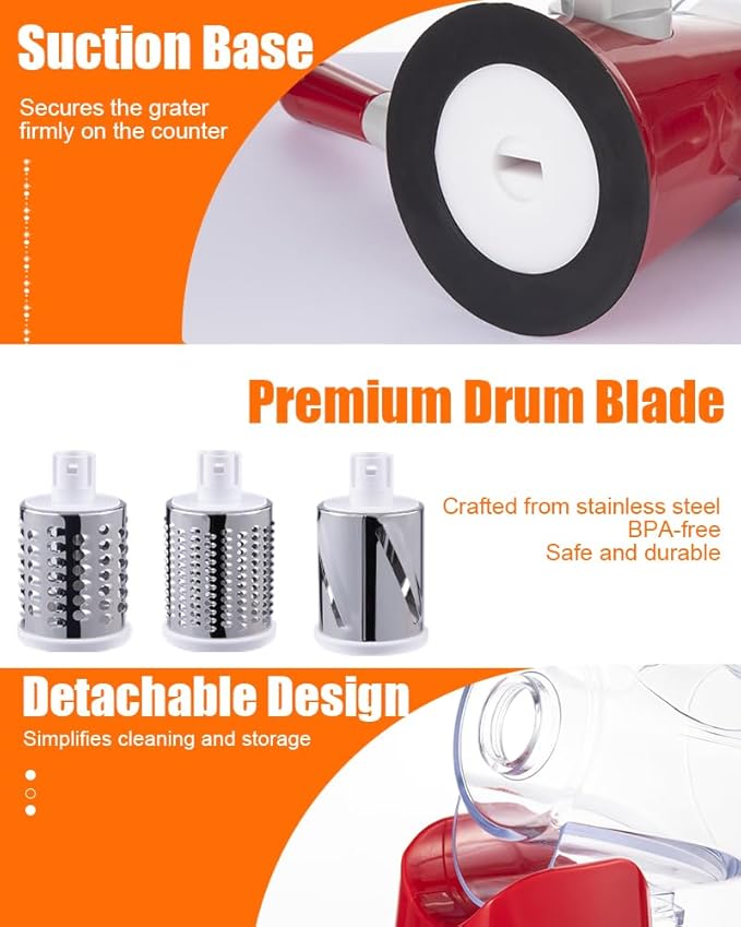 Brigii Rotary Cheese Grater Hand Crank, Cheese Shredder with 3 Drum Blades, Mandoline Slicer, Food Chopper for Hard Cheese, Vegetable, Nuts, Potato