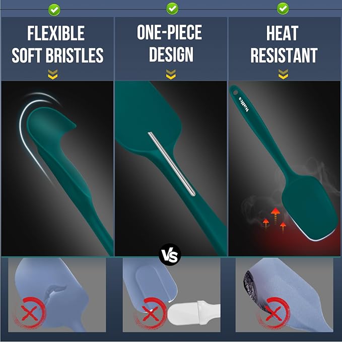 Walfos Silicone Spatula Set of 5 - (600°F) High Heat Resistant Dark Green Kitchen Scraper Spatulas, One-Pieces Seamless Design, Perfect for Cooking Mixing & Baking - BPA Free and Dishwasher Safe