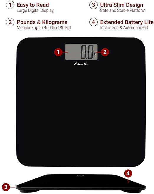 Escali Primo Kitchen and Bathroom Bundle - P115C Digital Kitchen Scale, Chrome, 11 Pound Capacity, and B180SB Slim Glass Bathroom Scale, Black, 400 Pound Capacity, Digital Display