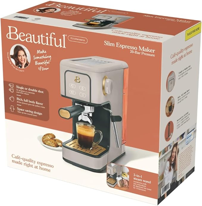 Beautiful Slim Espresso Maker by Drew Barrymore – 20‑Bar Pressure, Dual‑Spout 52 mm Portafilter, 50 oz Removable Tank, 2‑in‑1 Steam Wand & Touch Controls (Porcini Taupe)