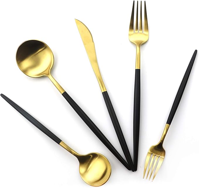 Gugrida 20-Piece Matte Gold & Black Handle 18/10 Stainless Steel Flatware Set, Titanium Cutlery for Home & Restaurant, Dishwasher Safe