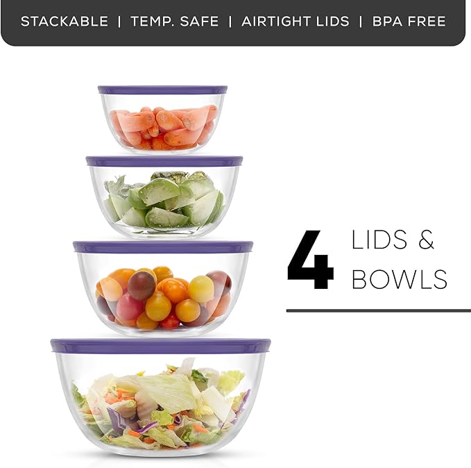 JoyJolt Very Peri 8pc Glass Mixing Bowls with Lids Set - Large Nesting Bowls, 2 Qt, Durable, Dishwasher & Microwave Safe