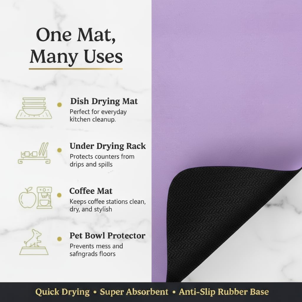 Dish Drying Mat Super Absorbent – 16" x 18" Coffee Mat for Countertops – Non-Slip Drying Mat for Kitchen Counter – Easy to Clean Water Absorbent Mat – Large Dish Drying Mats (Lavender)