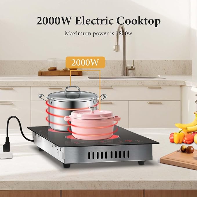 2 Burner Electric Cooktop 12 Inch, 110V Electric Stove with Touch Control, 2000W Ceramic Cooktop, Built-in & Countertop, Overflow Protection, Safety Lock, Timer(Plug in)