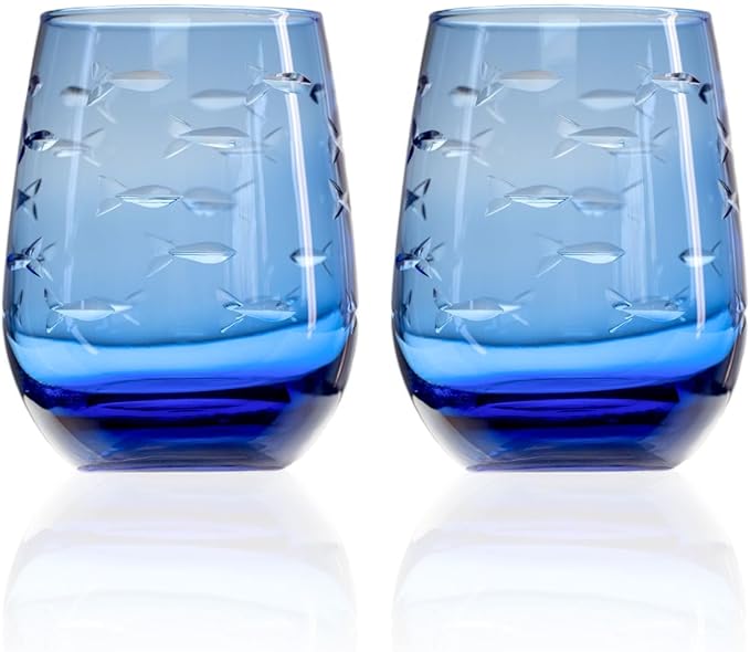 Rolf Glass School of Fish Blue Stemless Wine Glass | Set of 2 Stemless Glasses | 15oz Limited Edition Blue Glass Tumblers | Engraved Lead-Free Coastal Glassware | Made in the USA