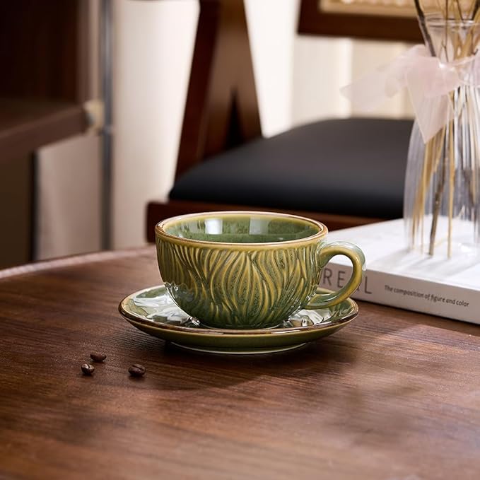 Vintage Design 12 oz Ceramic Latte Art Cappuccino Barista Cup with Saucer (Wave Green)