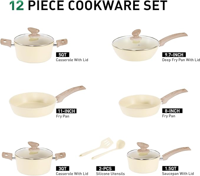 Kitchen Academy Induction Pots and Pans Set Non Stick - 12Pcs Beige Nonstick Kitchen Cookware Set, Granite Cooking Pans Set