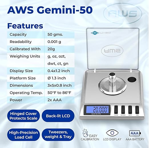 AWS Gemini-50 Milligram Scale 50g x 0.001g – Digital Jewelry/Lab Scale for Powder, Gold, Gems – Includes Calibration Weights, Tweezers & Tray – Tare, Cal, 6 Units, Pocket Size Mg Scale (Silver)