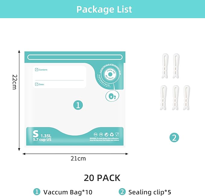 24PCS Sous Vide Bags Reusable, BPA Free Food Vacuum Sealer Bags, Thickened bag with a New Look, Vacuum Zipper Bags for Sous Vide Cooking, 20pcs food storage bags & 4 Seal Clips (8.2x 8.6 Inch))