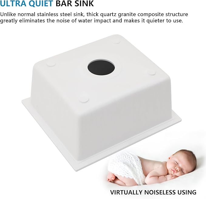 18"x16" Undermount Bar Prep Sink – White Granite Composite Quartz Classic Under Counter Single Bowl Sink Basin for Wet Bar, RV, Small Kitchen, Mobile Home