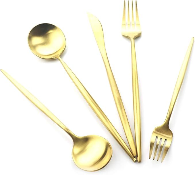 Gugrida 20 Pieces Matte Gold Handle 18/10 Stainless Steel Silverware Set, Flatware Titanium Black Cutlery, Utensils for Home Restaurant Service for 4, Dishwasher Safe (Full Gold)