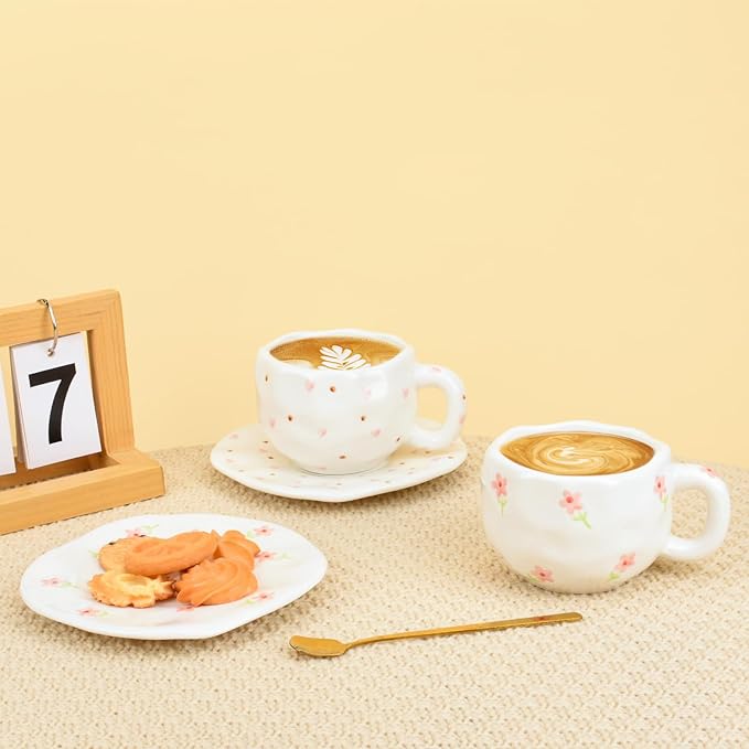 Koythin Ceramic Coffee Mug with Saucer Set, Cute Pink Small Flower Cup Unique for Office and Home, 10 oz/300 ml for Latte Tea Milk