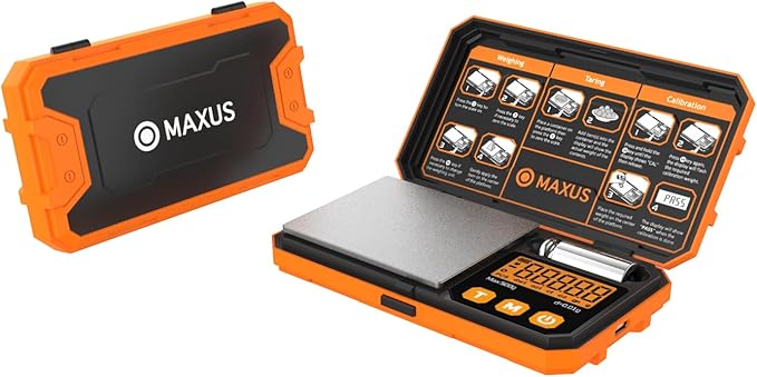 MAXUS 500g x 0.01g Digital Gram Scale with USB and Battery Power, Precision Pocket Scale with 50g Calibration Weight and Self-Sealing Cellophane Bags