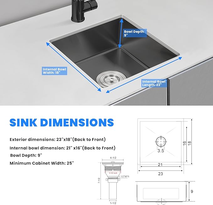 POPFLY 23-Inch Undermounter Small Kitchen Bar Prep Sink, 18 Gauge 304 Stainless Steel Handmade Single Bowl Outdoor Sink 9 Inch Deep with Drain Strainer, Black(23×18×9)