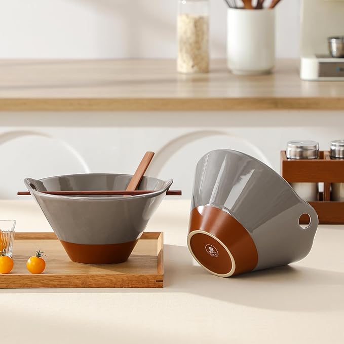 MALACASA 42 oz Ceramic Ramen Bowl Set with Wooden Spoon & Chopsticks, Japanese Style Soup Bowls for Ramen, Pho, Noodles – Set of 2, Microwave & Dishwasher Safe, Series TARA (Brown and Khaki)