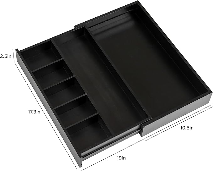 KitchenEdge Adjustable Kitchen Drawer Organizer for Utensils and Junk, Food-Safe Contract Grade with 100% Sustainable Wood, Expandable from 10.5 to 19 Inches Wide - Black Bamboo