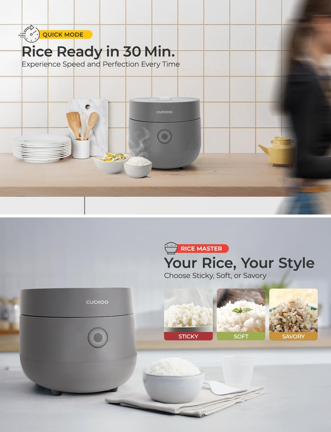 CUCKOO Rice Cooker 3 Cup Uncooked / 6 Cup Cooked, Modern Fuzzy Logic Rice Cooker Small with Delay Timer & Keep Warm Setting, Versatile Food Steamer for Cooking, Non-Stick Inner Pot, Gray (CR-0375FG)