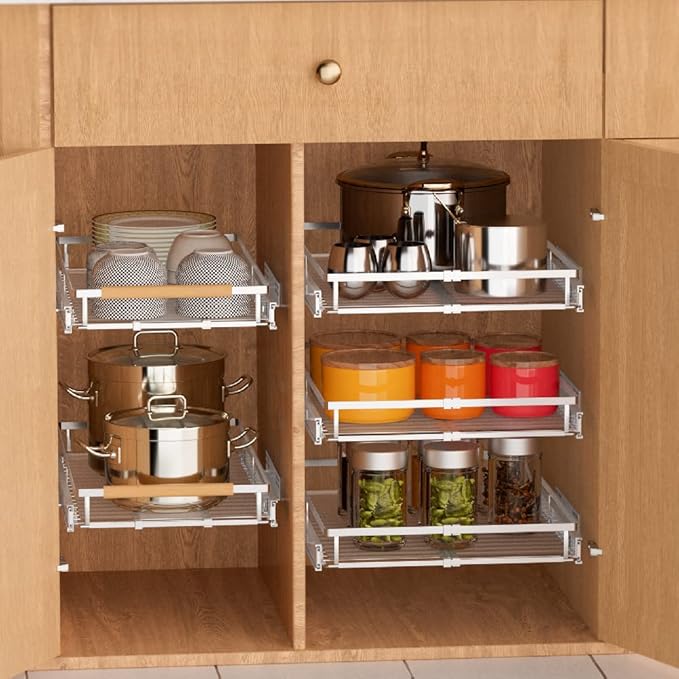 Pull Out Cabinet Organizer - Expandable Slide Out Pantry Shelves Heavy Duty Sliding Drawer Storage for Inside Kitchen Cabinet Under Sink, 12''-18.2''W x 16.9''D, 3 Pack