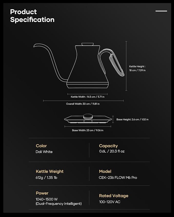 Cocinare FLOW M6 Pro Electric Gooseneck Kettle, ±0.5℉ Temperature Control for Pour-over Coffee & Tea, Stainless Steel Interior, Quick Heating for Boiling Water (Dali White)