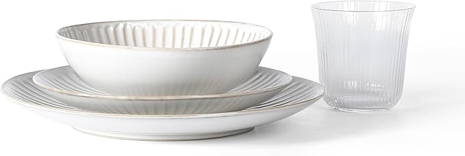 Stone Lain Linea 32-Piece Dinnerware Set Stoneware, Soda Lime Glass, White