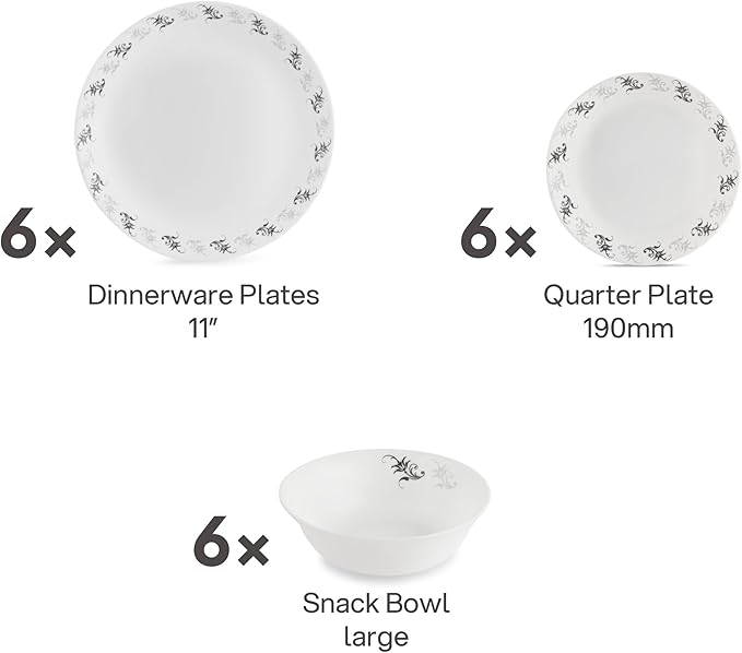 Cello Regal Dinnerware Set of 18 pieces, Service for 6, Chip & Scratch Resistant, Lightweight Round Plates and Bowls Set, Microwave & Dishwasher safe, Opalware Dinner Set, Black Magic