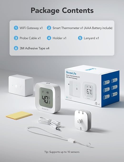 GoveeLife WiFi Refrigerator Thermometer with Alarm, Wireless Digital Freezer Temperature Gauge with App Control, LCD Display, 2 Years Free Data Export, for Fridge Hot Tub (Only Support 2.4G WiFi)