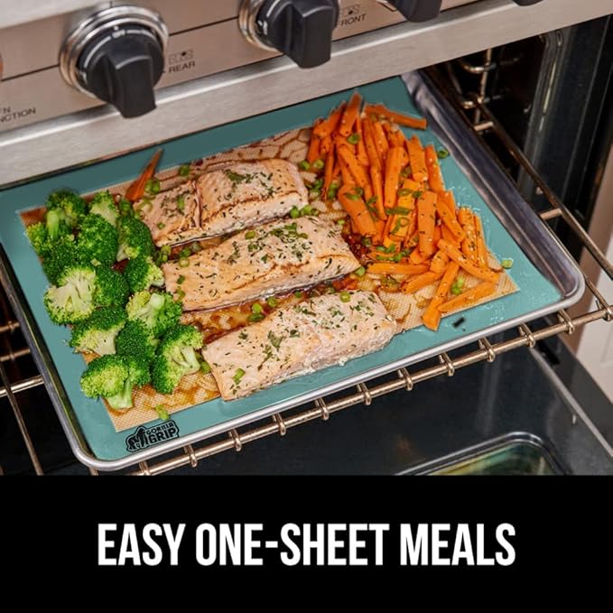 GORILLA GRIP Reusable Nonstick Silicone Baking Mat, 2-Pack, 16.5x11.87, Half Sheet, BPA-Free Oven Safe Food Liner for Cookie Sheets, No Mess Easy Clean Pastry Mats, Holiday Baking Essentials, Mint