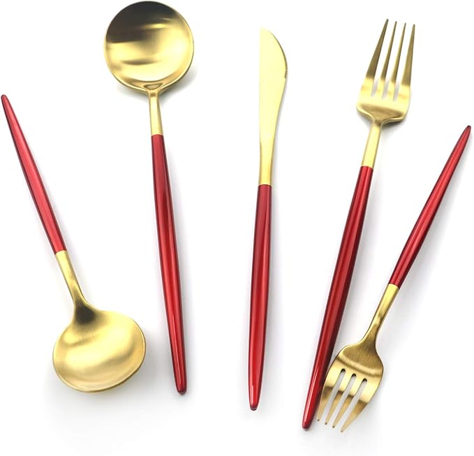Gugrida 5 Pieces Matte Gold Red Handle 18/10 Stainless Steel Silverware Set, Flatware Set Cutlery Set, Utensils Set for Home Restaurant, Dishwasher Safe (Red Gold)