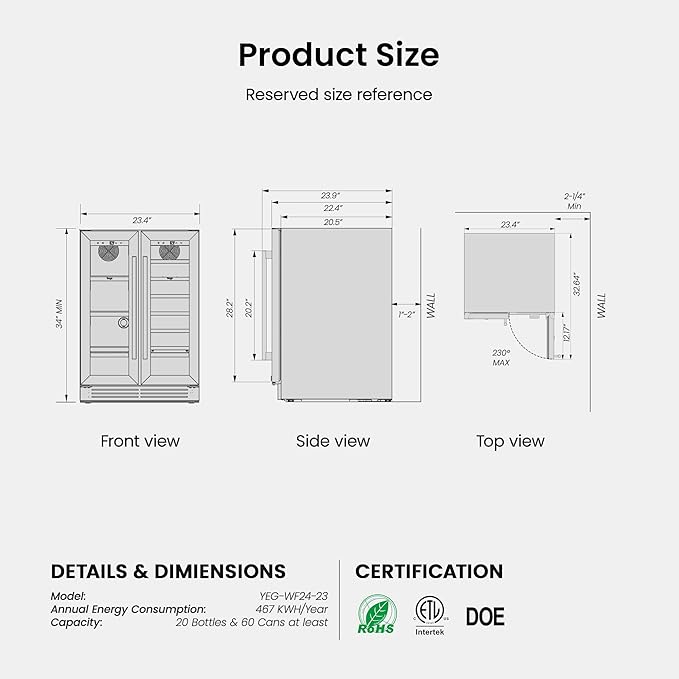 Yeego Wine and Beverage Refrigerator - 24 Inch Dual Zone Wine Cooler Fridge with Glass Door, Quiet Compressor Cooling, Hold 60 Cans & 20 Bottles, Built-in or Freestanding or Under Counter