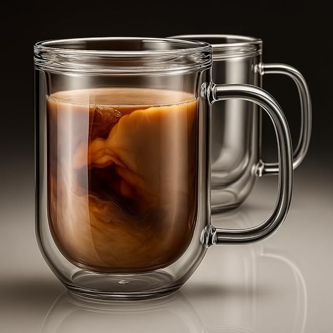 Aquach 16 Oz Double Walled Glass Coffee Mugs, Clear Glass Coffee Tea Cups, Microwave and Dishwasher Safe Home Office Insulated Glass Cups Perfect for Americano Latte Hot&Cold Beverages, 2-Pack