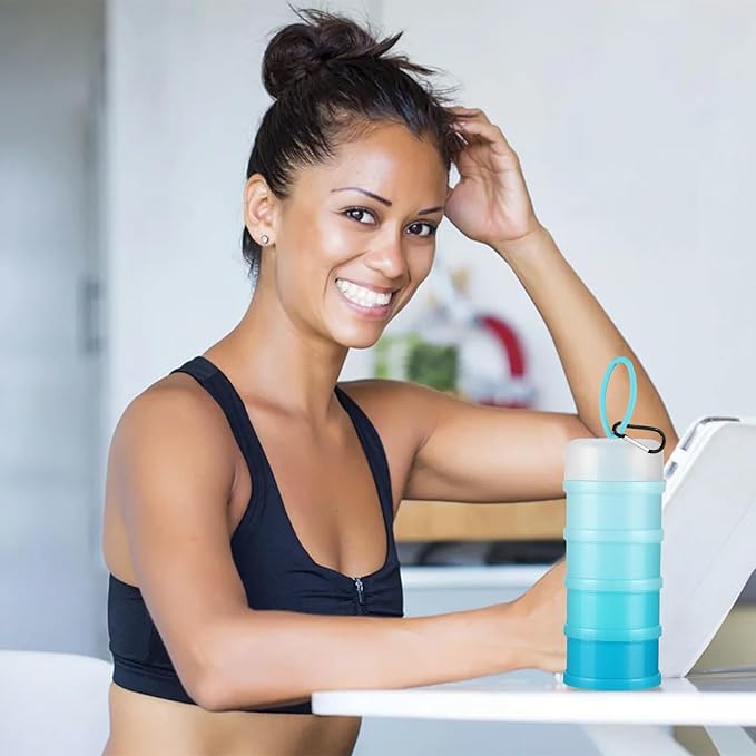 2 Pcs Protein Powder Container with Stackable Design, Portable Dispenser with Keychain, 4-Tier Leakproof Travel Powder Storage for Workout, Fitness, and Travel (Blue)