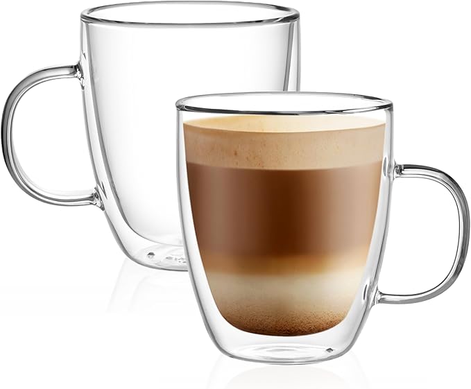 CNGLASS Large Double Wall Glass Coffee Mug 17 oz,Insulated Glass Coffee Cups with Handle,Set of 2