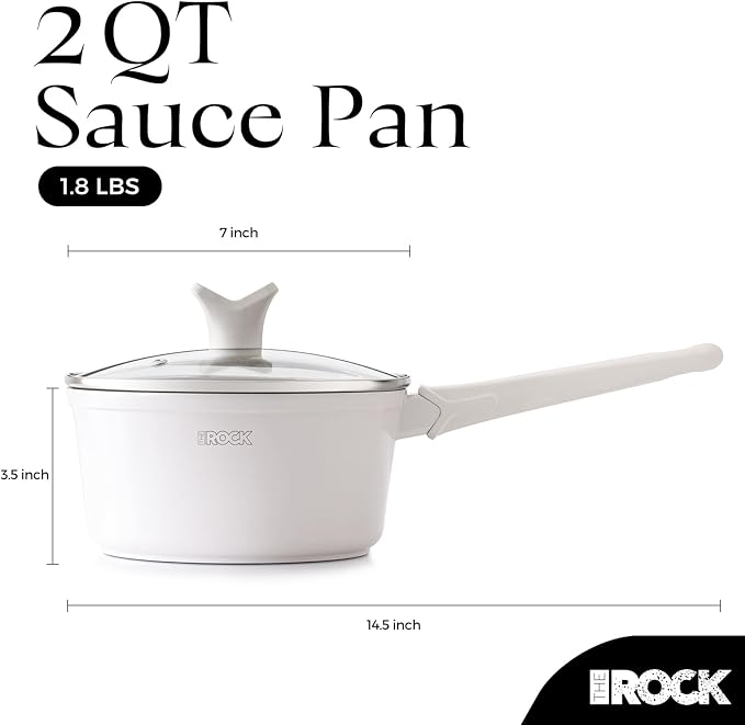 THE ROCK SOHO Ceramic Nonstick Saucepan with Lid, 2 Quarts Non Toxic Small Pot with PPG Fusion Pro Coating–Nothing Sticks, Never Warps, Lasts Longer, Induction Compatible, PTFE, PFOA&PFAS Free, Cream