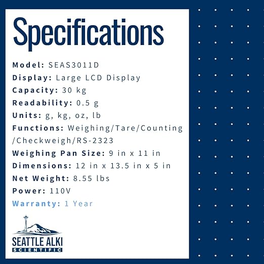 Seattle Alki Scientific Counting Scale | 30 kg x 0.5 g | Industrial Counting Scale for Small Parts | USA Company | Units: g, lbs, oz, kg (30 kg x 0.5 g)