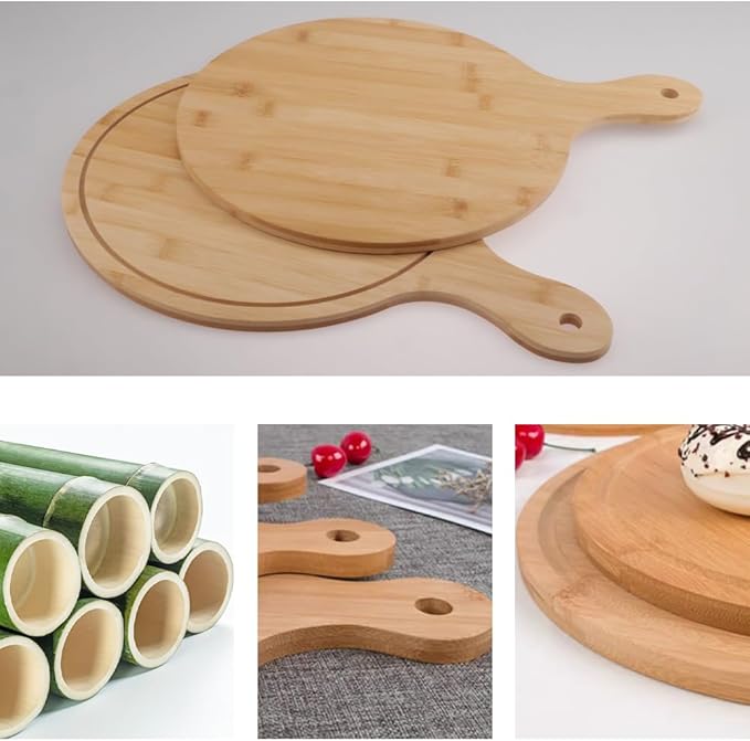 12 Inch Bamboo Pizza Peel, 2 Pack Bamboo Pizza Paddle Spatula, Multi-Purpose Natural Cutting Board with Handle, for Cheese Bread Fruit Vegetables, Round