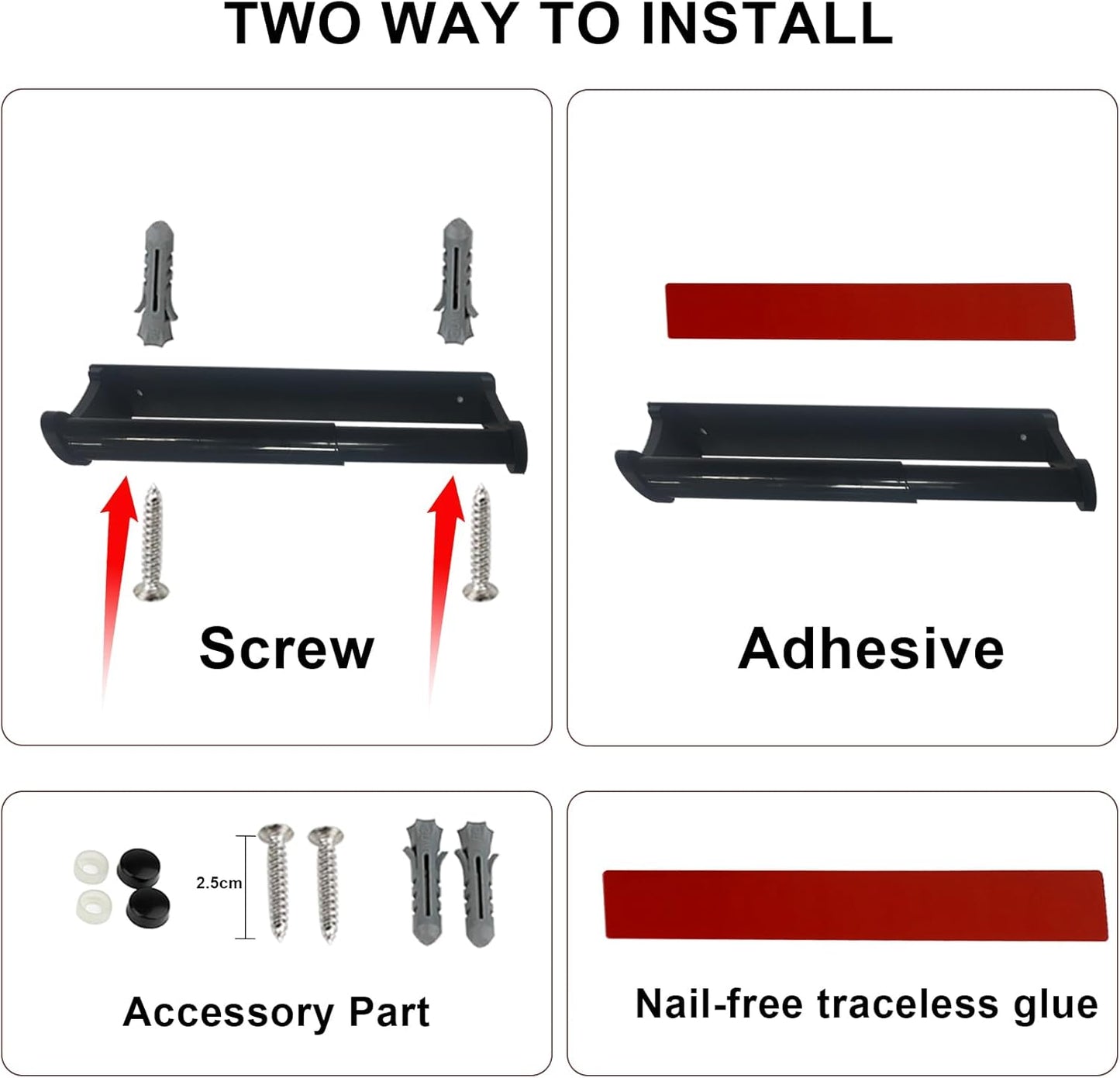 MONEER Paper Towel Holder Under Cabinet, Paper Towel Holder, Aluminum Alloy Kitchen Towel Holders, Self Adhesive Kitchen Roll Holder for Kitchen, Bathroom, Living Room (Black)