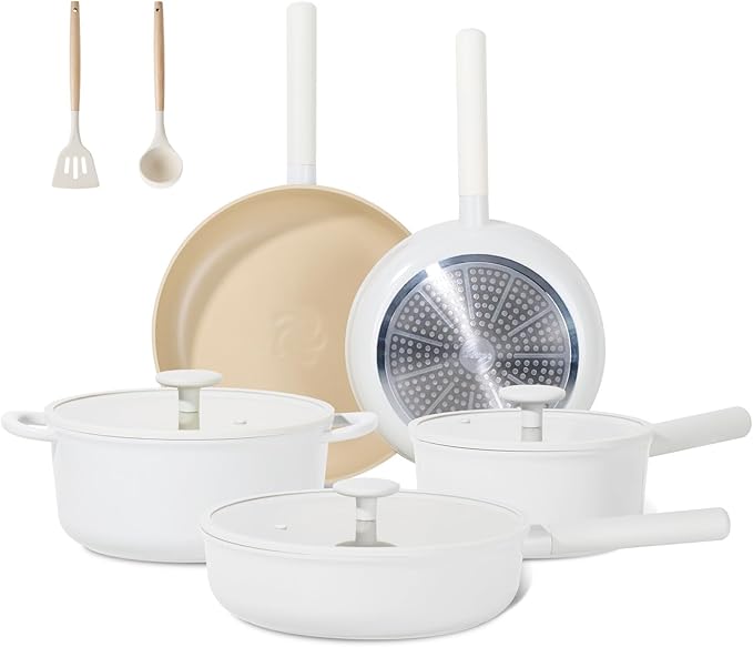 JEETEE Ceramic Cookware Set, 15 PCS Pots and Pans Set Non Stick with Removable Handles, Non Toxic Induction Kitchen Cookware Sets, Oven Safe PFAS/PTFE/PFOA Free Cream