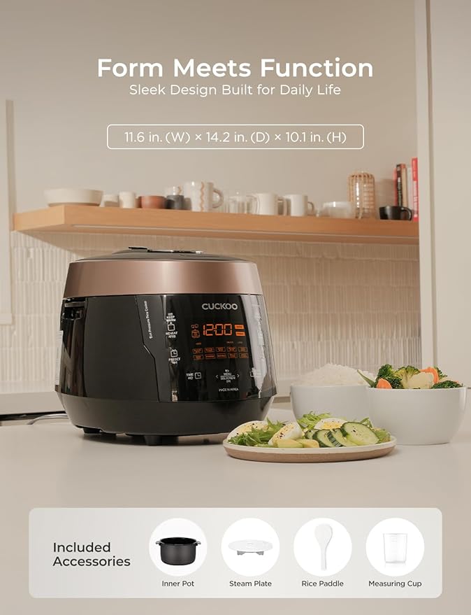 CUCKOO High Pressure Rice Cooker 6-Cup Uncooked / 12-Cup Cooked with Nonstick Inner Pot, Versatile Rice Maker with 12 Menu Options and Steam Plate, Fuzzy Logic Tech, Voice Guide, Black (CRP-P0609S)