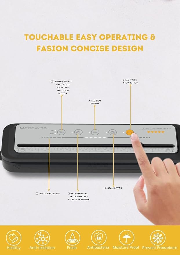 MEGAWISE 202309 Updated Model B w/ 4 Food Type/3 Bag Type Selection Food Vacuum Sealer Builtin Cutter for Fresh Saver of all food types moist, dry cold